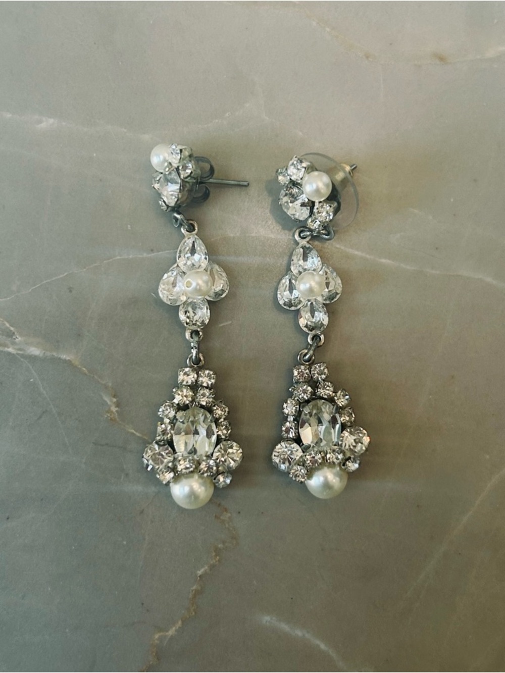 Crystal and Pearl Drop Earrings - Silver Finish